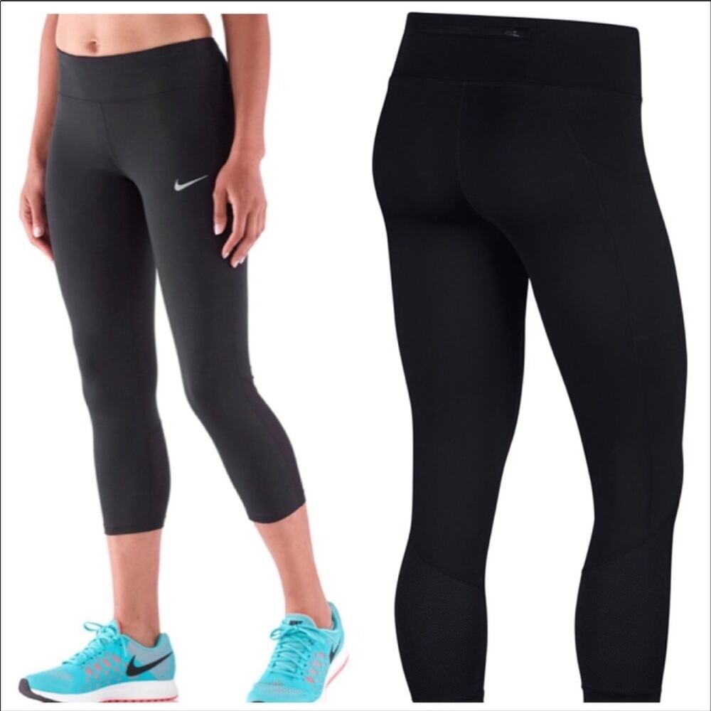 NIKE Running Black Dri Fit Power Crop Racer Tights Leggings Capri Mesh Pocket S